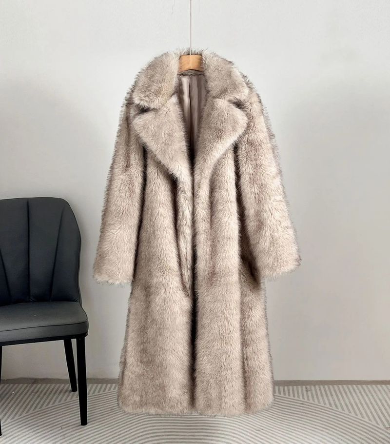 Luxus-Kunstpelzmantel – Langer Plüschmantel mit Anzugkragen für Damen (Weiß/Schwarz, Beige, Braun, Camel, S-XXL)_voghion.com