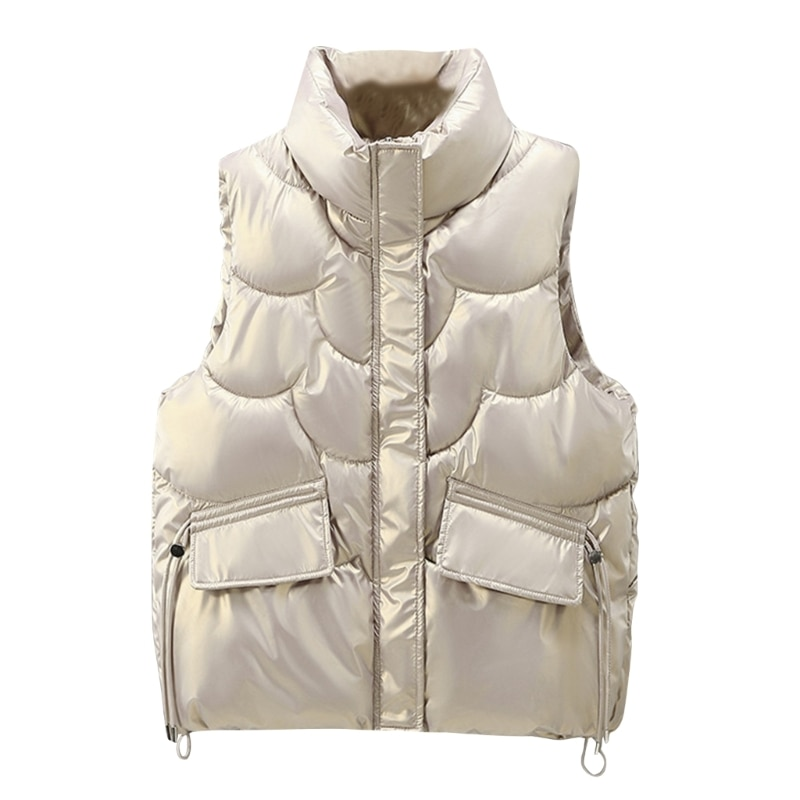 Womens Sleeveless Warm Puffer Vest Outerwear Stand Collar Zipper Up Shiny Solid Padded Gilet Waistcoat with Pockets D10_voghion.com