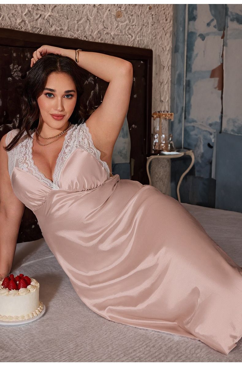 Solid Color Lace Splicing Long Nightdress | Summer New Women's Halter Suspender Style | Plus Size Loungewear_voghion.com