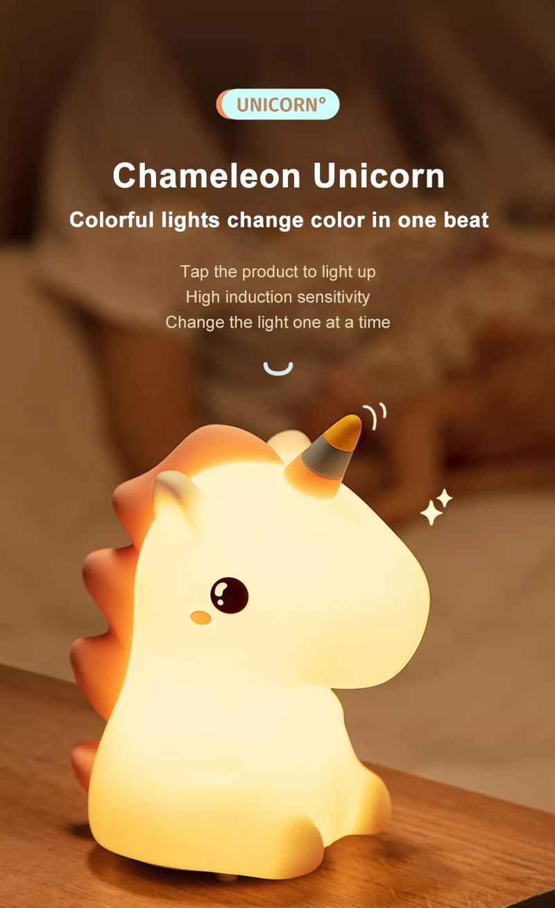Tek boynuzlu at sevimli silikon LED gece lambası çocuklar için çocuk USB şarj edilebilir karikatür hayvan yatak odası dekoru dokunmatik gece lambası hediyeler için_voghion.com