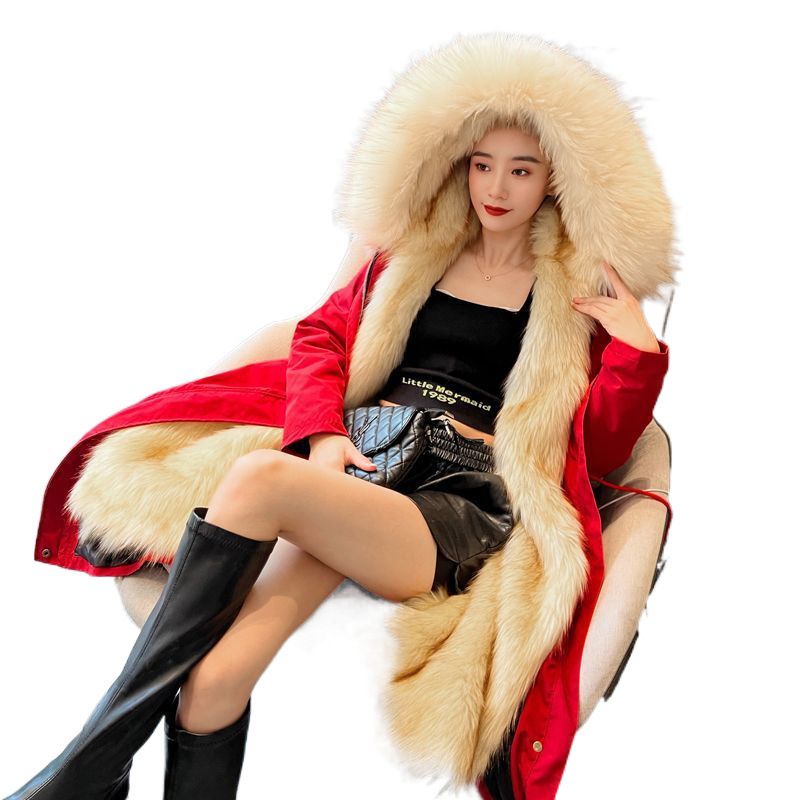 Parka invernale da donna con collo staccabile in pelliccia sintetica di volpe e fodera in visone, lunghezza lunga/regolare, capospalla elegante e caldo._voghion.com