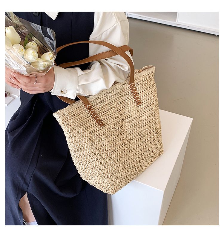 Bolso de paja de gran capacidad para mujer, nuevo estilo, bolso de hombro para ir al trabajo, bolso de mano tejido para playa y mar._voghion.com