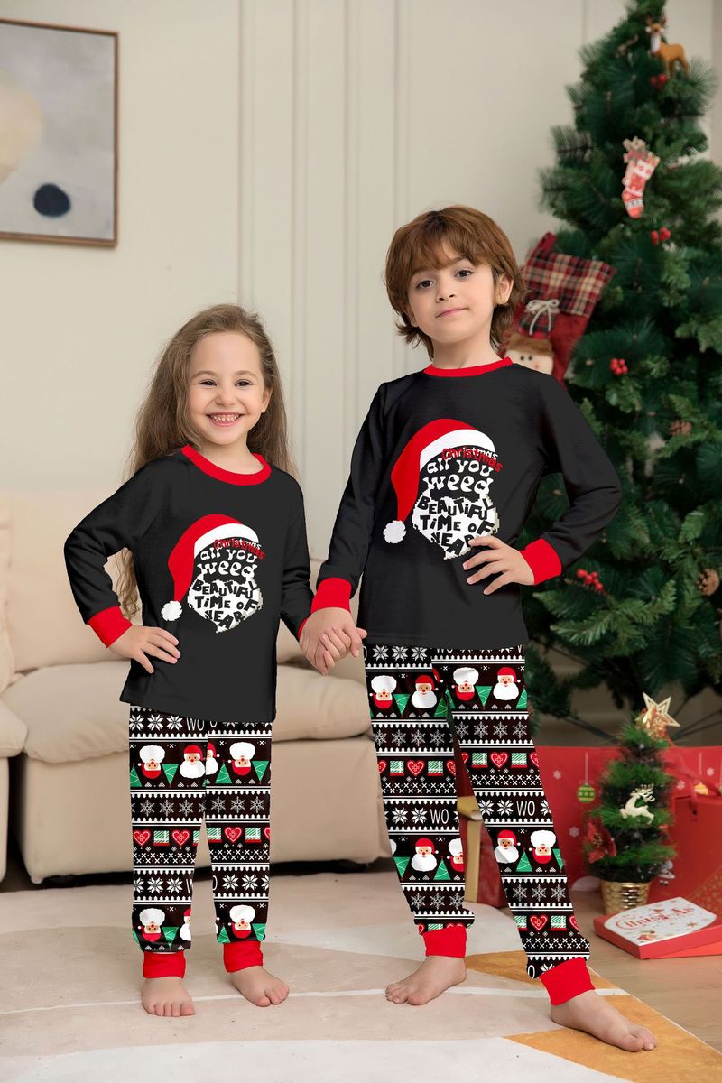 Flammhemmender Stoff Neue Kinderkleidung Weihnachtsmütze Buchstabendruck Heimkleidung für Jungen und Mädchen Langarmhose Schwarzer Pyjama_voghion.com