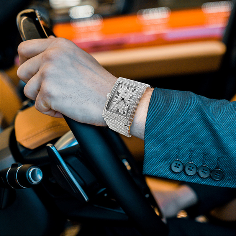 Men's Luxury Rhinestone Watch - Hip Hop Square Dial With Diamond Accents, Gold Tone Stainless Steel Band, Date Display, Quartz Movement_voghion.com