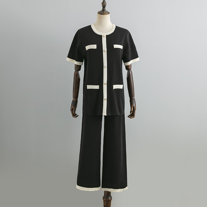 Roupas femininas terno feminino gola redonda botão contraste cor manga curta top cintura alta all-match calças de malha de perna larga conjunto de duas peças_voghion.com