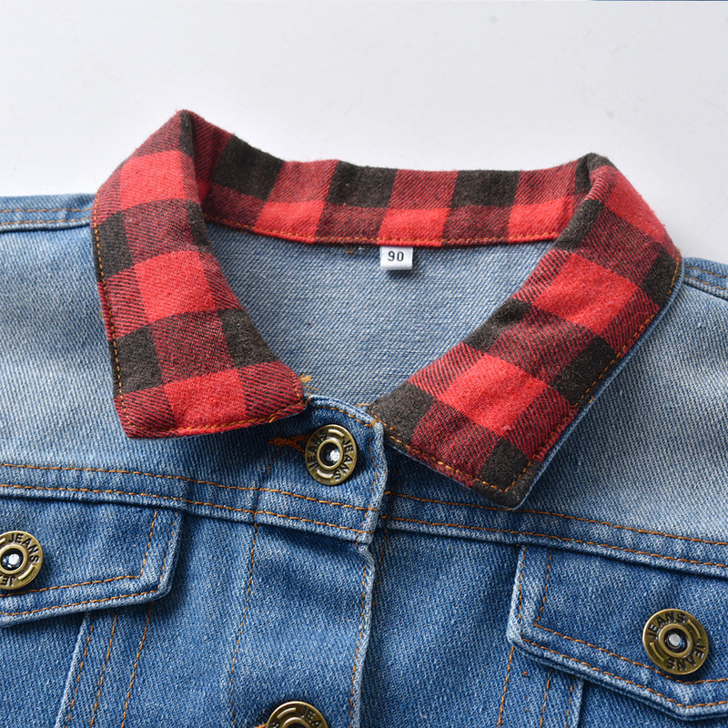 abbigliamento per bambini Giacca in denim per bambini manica lunga camicia in denim finto a due pezzi con quadri rossi neri_voghion.com