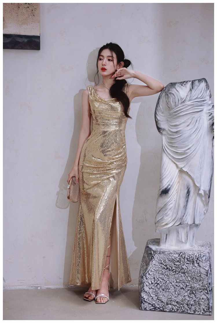 Damenbekleidung Gold Abendkleid Nischen Swing Kragen Rückenfreies Kleid Pailletten Party Lang Schmal Schlitz Laufsteg Kleid Rock_voghion.com