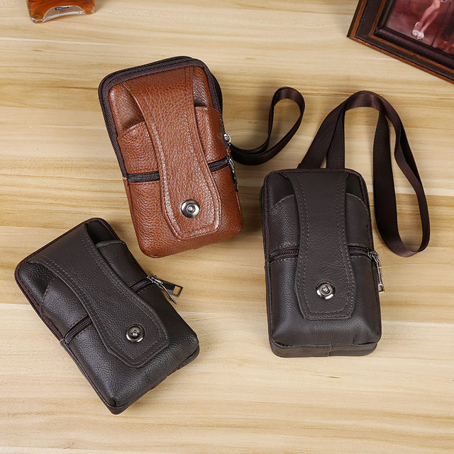 Men Leather Waist Bag Large Capacity Belt Bag Brown Shoulder Bags Crossbody Bags Multi-layer Buckle Mobile Phone Bag Bum Pouch_voghion.com