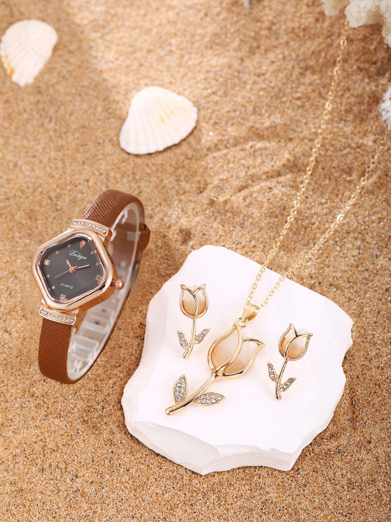 Damenuhr und Schmuckset, zartes süßes quadratisches Zifferblatt, Gürteluhr, Perlenarmband, Legierung, Schmetterlingsschmuckset_voghion.com