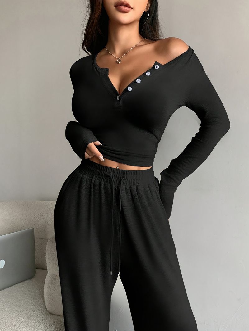 Ensemble de survêtement uni à boutons pour femme, tenue décontractée, 2 pièces, col en V, pantalon large, collection automne-printemps 2025_voghion.com