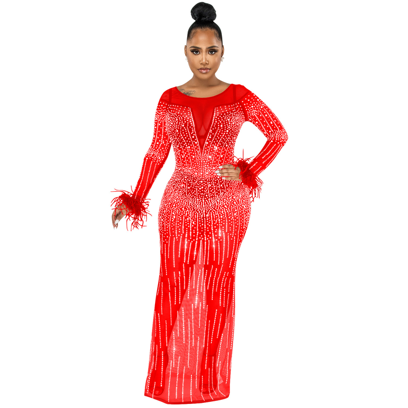 Damenmode-Nachtclub-Party mit Diamant-Damen-Mesh-Perspektive, langärmeliges Kleid, Damenkleid_voghion.com