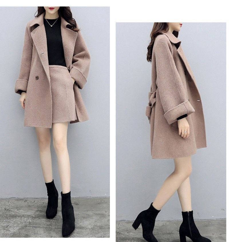 New women's camel two-piece woolen coat fashion woolen skirt suit_voghion.com
