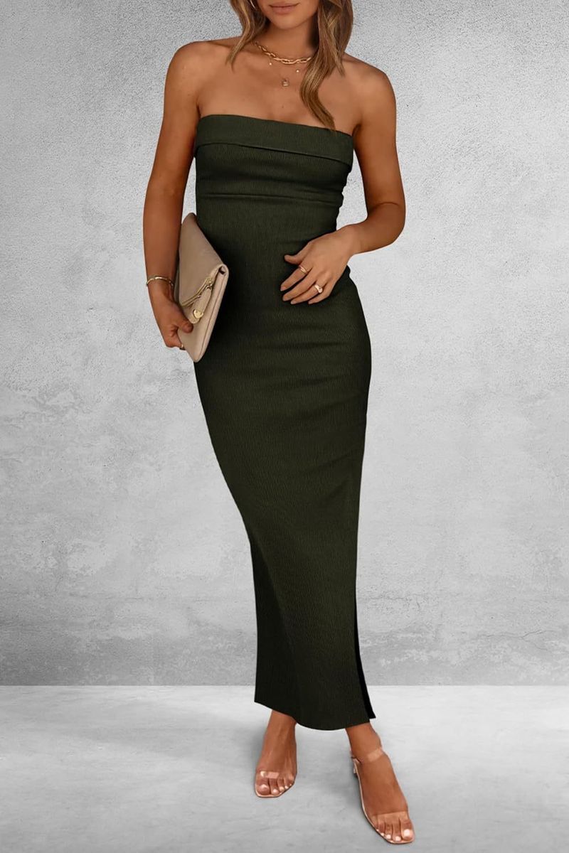 Women's Ribbed Bodycon Dress - Strapless Side Slit Maxi Dress (Summer Stretchy Long Dress Sexy Clubwear For Night Out & Special Occasions)_voghion.com
