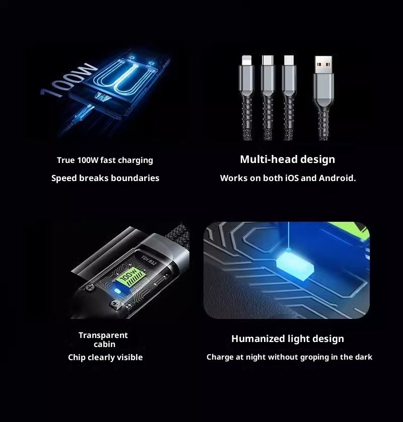 Digitex Transparent Display Smart Chip 100W 3-in-1 Super Fast Charging 6A Data Cable Thickened One-to-Three Braided Wholesale_voghion.com