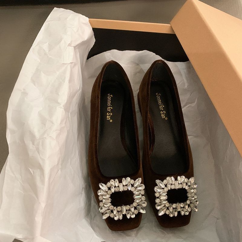 Tacco grosso stile francese strass elegante singolo per le donne nuovo nuovo primavera e autunno nero punta quadrata di fascia alta_voghion.com