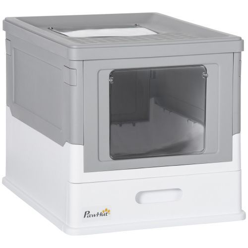 PawHut Fully Enclosed Cat Litter Box With Scoop, Hooded Cat Litter House With Drawer Type Tray, Foldable Smell Proof Cat Potty With Front Entry, Top Exit, Portable Pet Toilet With Large Space, Gray_voghion.com
