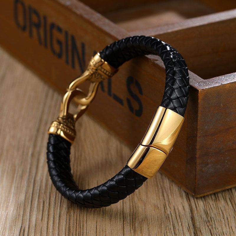 Men's Jewelry Leather Rope Bracelet Cross Anchor Stainless Steel Vacuum Gold Men's Braided Bracelet_voghion.com