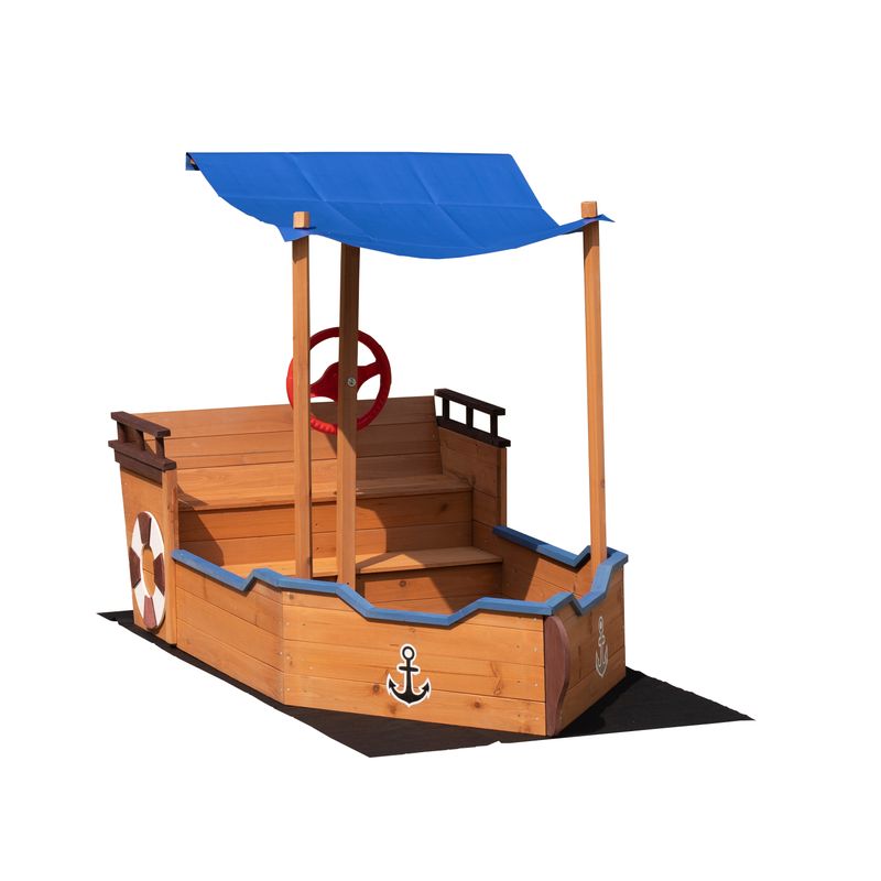 Outsunny Pirate Ship Sandbox With Cover And Rudder, Wooden Sandbox With Storage Bench And Seat, Outdoor Toy For Kids Ages 3-8 Years Old_voghion.com