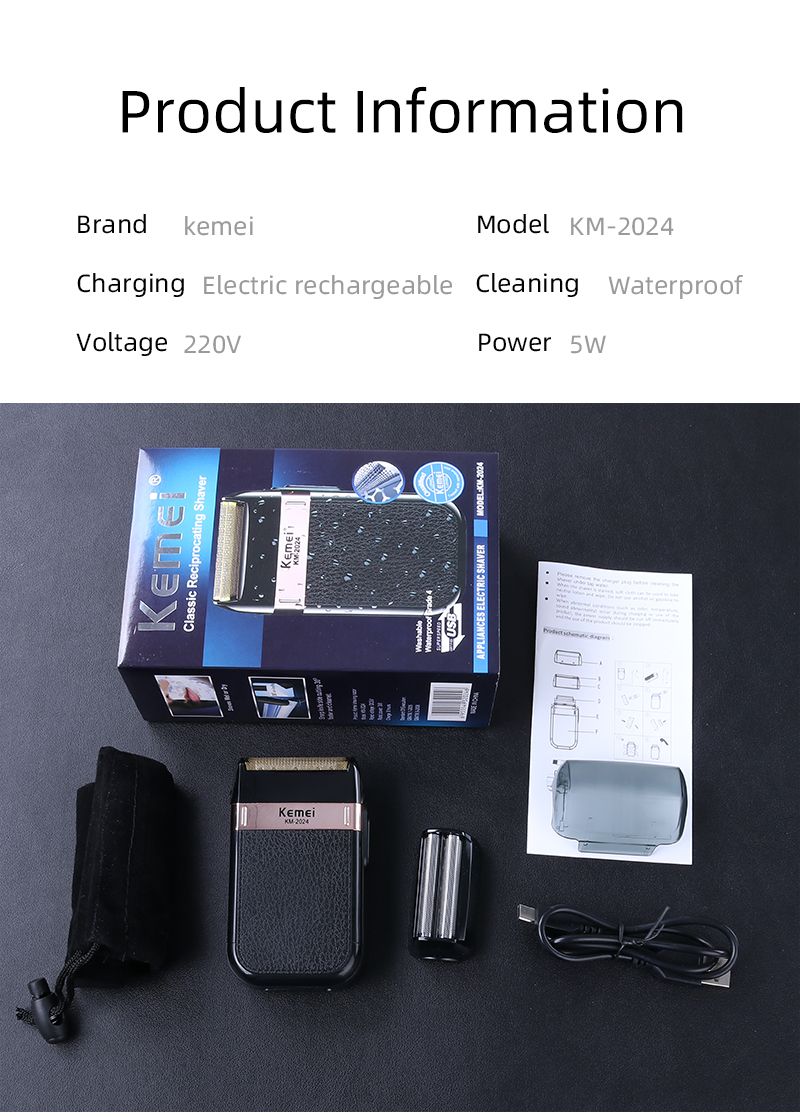 Kemei Elektrorasierer für Männer, wasserdicht, mit zwei Klingen, kabelloser Rasierer mit hin- und hergehender Klinge, wiederaufladbarer Rasierer über USB, Friseurtrimmer_voghion.com