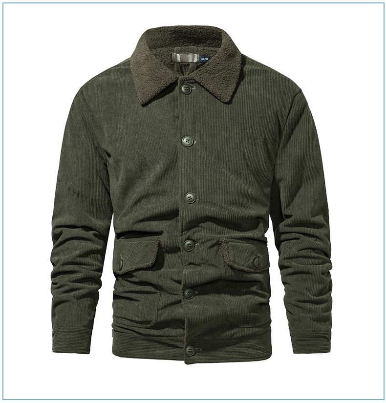 "Herrenjacke aus Cord und Lammfell mit Revers – Plüschiger, dicker Mantel in großer Größe (Schwarz/Grün/Hellbraun, S-XXL)"_voghion.com