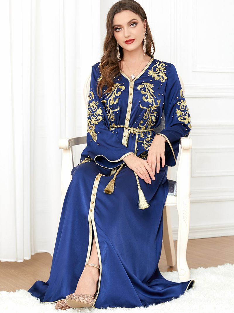 Elegantes besticktes Maxikleid mit langen Ärmeln für Damen – islamische und arabische Mode, Boho-Tribal-Stil, perfekt für dezente Kleidung (Marineblau)_voghion.com