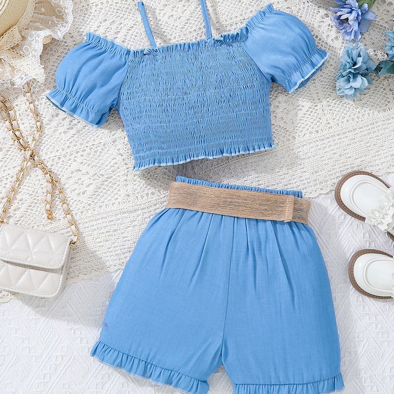 Barnkläder Flickkostym Sommar Axelrem Enaxlad Kort Rosett Midja Små Skjortor Shorts Barnkläder_voghion.com