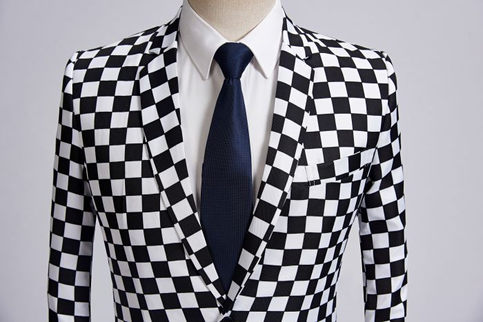 abbigliamento abito stampato a quadri bianco e nero giacca casual da uomo ospite parrucchiere completo ral_voghion.com