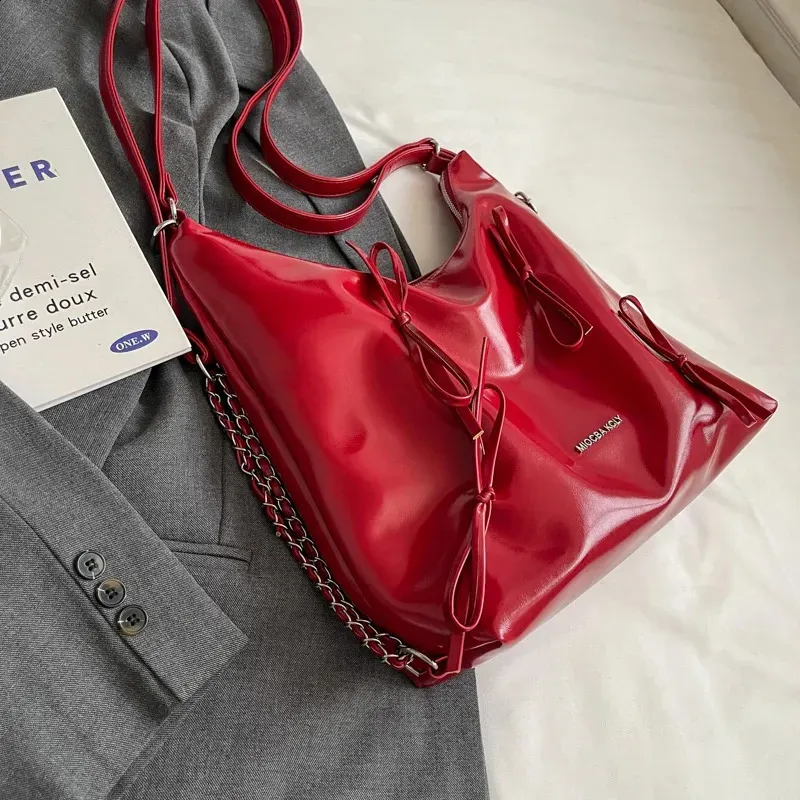 LEFTSIDE Borsa a tracolla con catena da donna, piccola, in pelle PU, tendenza Y2K, con fiocco, 240902_voghion.com