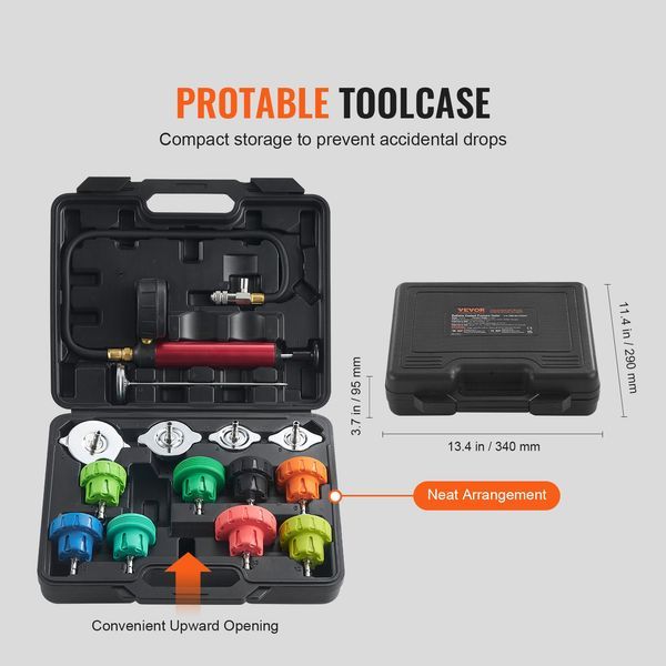 14 Pcs Universal Radiator Pressure Tester Kit, Coolant Pressure Tester Kit With Manual Pump And Color-coded Steel Test Cap Adapters, With Toolbox,_voghion.com