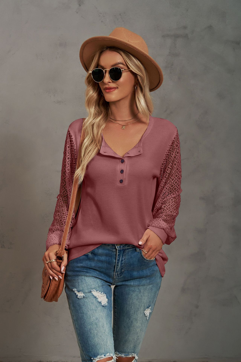 Women's Clothing Casual Waffle Grace Panel Long Sleeve Button T-shirt Top_voghion.com