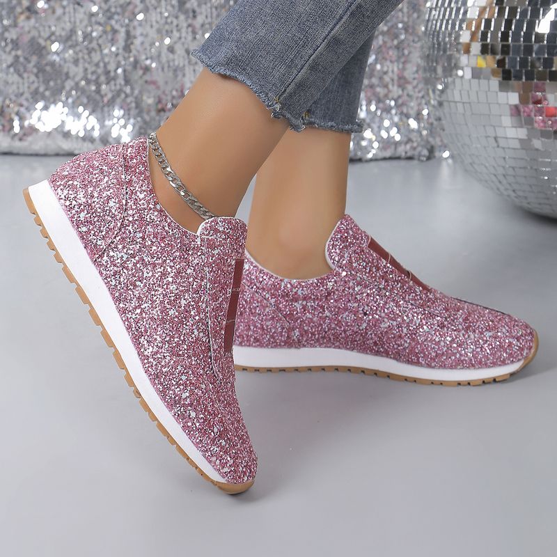 Women's single shoes sequin rhinestones elastic casual single shoes thick soled round head single shoes_voghion.com