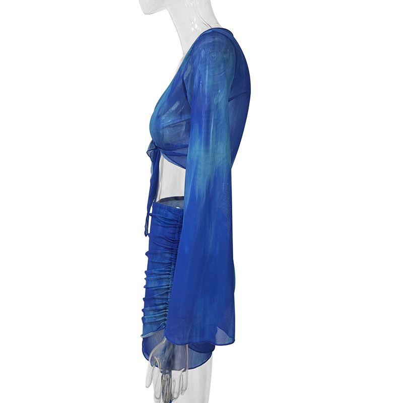 Women's tie dye printed V-neck strap with gradient color horn mesh long sleeve skirt set_voghion.com