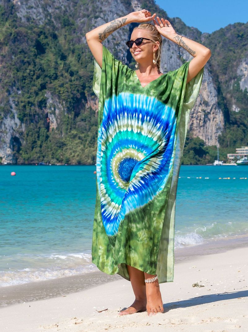 Strandkleid aus 100 % Baumwolle für Damen – Sonnenshirt mit Boho-Print, locker sitzende Bademode, Langarm-Tunika für den Urlaub am Pool_voghion.com