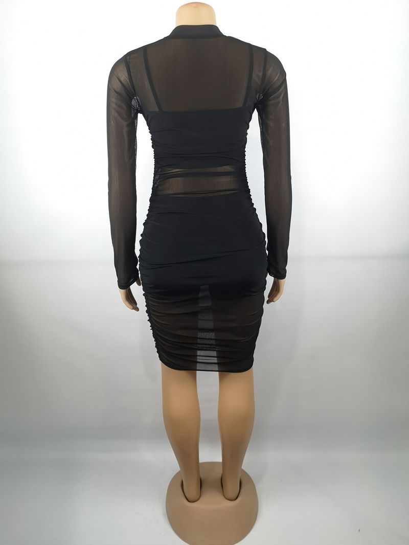 Women's mesh dress + small vest + shorts explosive three-piece set_voghion.com