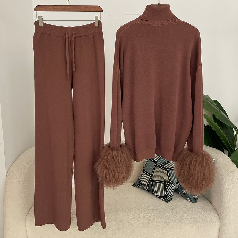Ensemble en tricot avec poignets en fourrure de renard pour femme – Pull ample à col montant et pantalon large pour l'automne/hiver_voghion.com