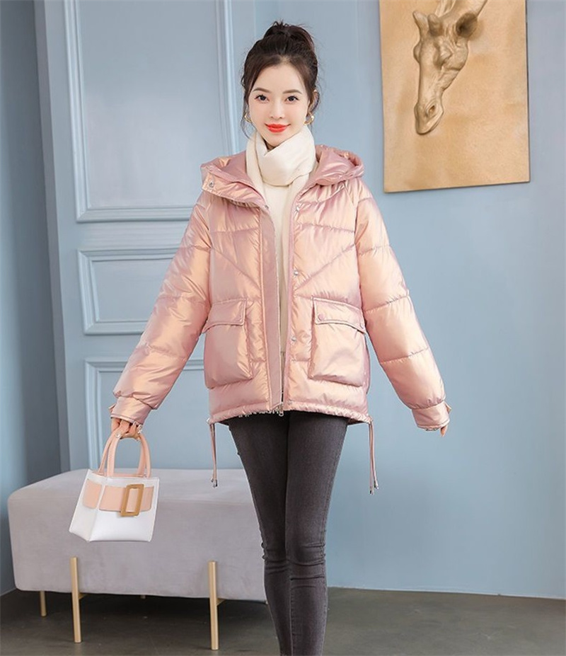 2023 nowych kobiet kurtka zimowa błyszcząca kurtka typu Parka luźny płaszcz podstawowy z kapturem bawełniane wyściełane kobiece parki kurtki studenckie_voghion.com