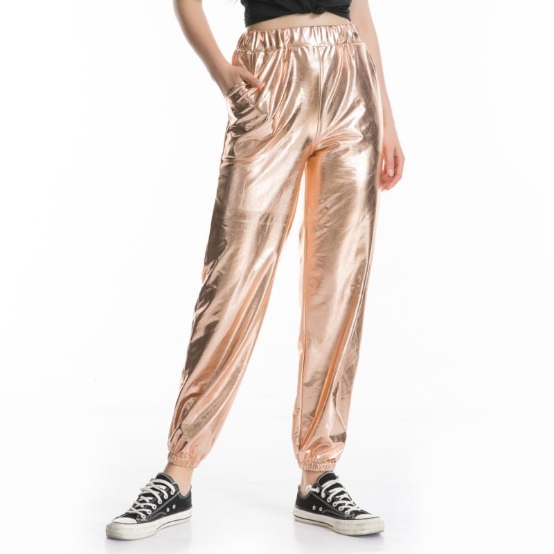 Heißer verkauf Glänzend Holographische Frauen Lose Hohe Taille Metallic Hosen Dance Performance Hip Hop Hosen Streetwear Jogger_voghion.com