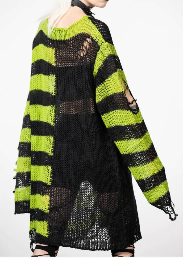 Halloween Punk Hole Long For Women's Fashion Loose Striped Contrasting Pullover Sweater_voghion.com