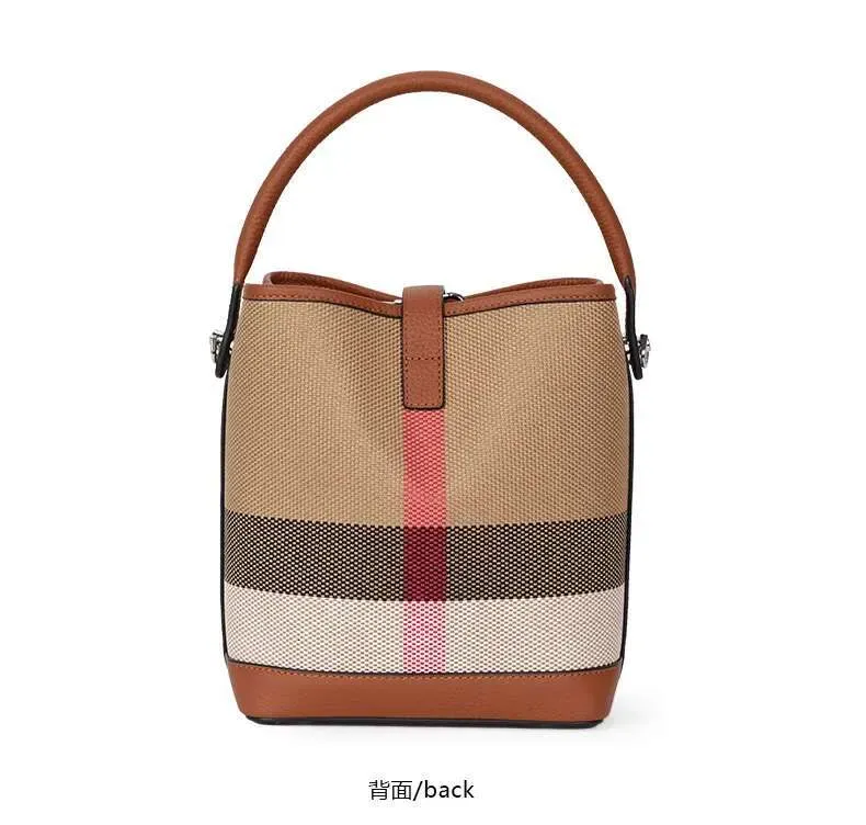 Nuova borsa a tracolla da donna in tela abbinata a pelle di mucca, borsa a secchiello alla moda con motivo scozzese_voghion.com