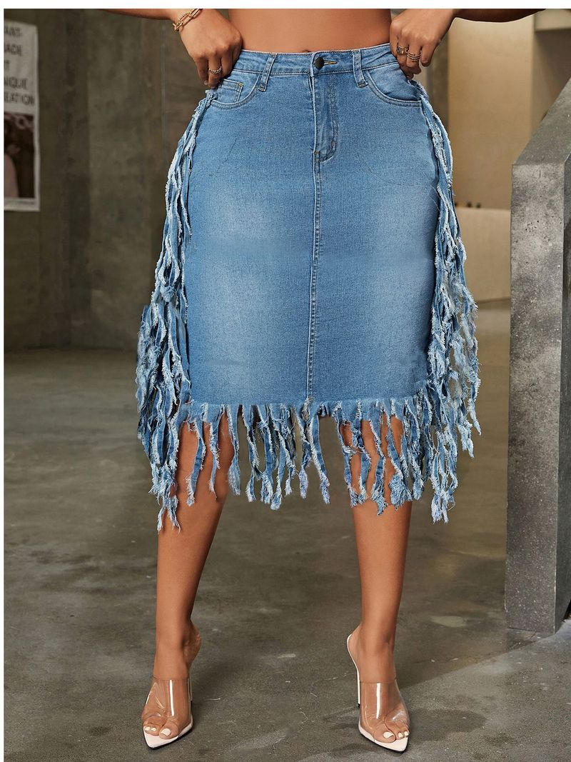 K Fashionable Trend Sexy Denim Fringed Midi Skirt_voghion.com
