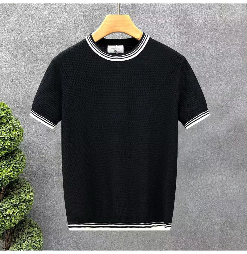 Colorblock gestreepte trui met korte mouwen voor heren, zomerse ijszijde, Britse business slim fit binnenshirt_voghion.com
