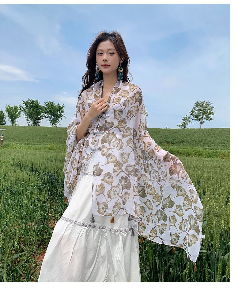 Scialle estivo bohémien - Sciarpa in cotone e lino fatta a mano con chiusure a rana vintage, protezione solare e coprispalle multiuso per viaggi e spiaggia._voghion.com