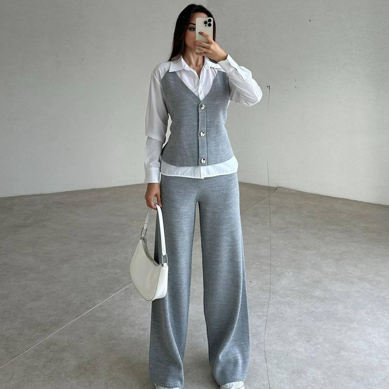 Vêtements pour femmes Couleur unie Col en V Slim Fit All Match Gilet Pantalon Ensemble deux pièces_voghion.com