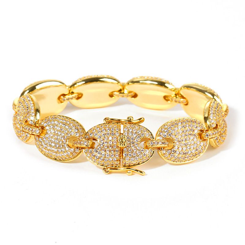 Bracciale hip-hop alla moda da uomo con bottone traforato e micro intarsi, catena placcata oro a forma di chicco di caffè, gioielli di lusso_voghion.com