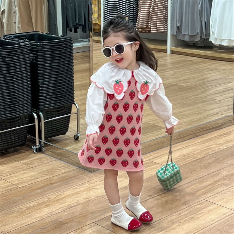 2024 Primavera Nuovo Coreano Bambini Vestiti Carino Ricamato Colletto Camicia Fragola Maglia Canotta Gonna per Ragazze_voghion.com
