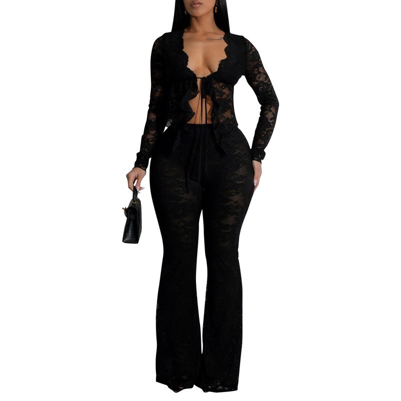 AL311 Ensemble deux pièces sexy en dentelle floquée pour femme, transparent, idéal pour une soirée en boîte de nuit_voghion.com
