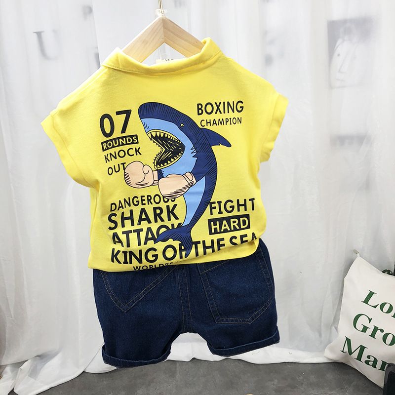 Ropa para madres y niños, novedad de verano, versión coreana para niños, camiseta con solapa, pantalones cortos, traje sin mangas con estampado de dibujos animados para niños_voghion.com