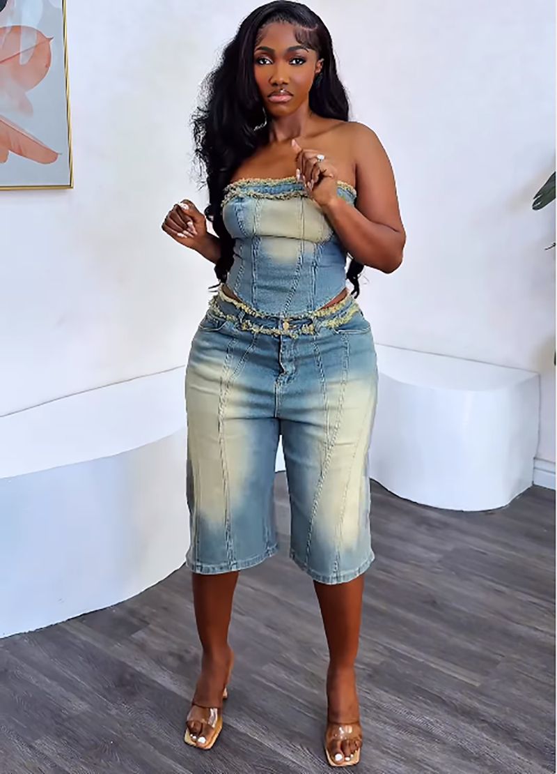 Women's Clothing Jeans Suit Fashion Raw Edge Wrap Top High Waist Denim Shorts_voghion.com
