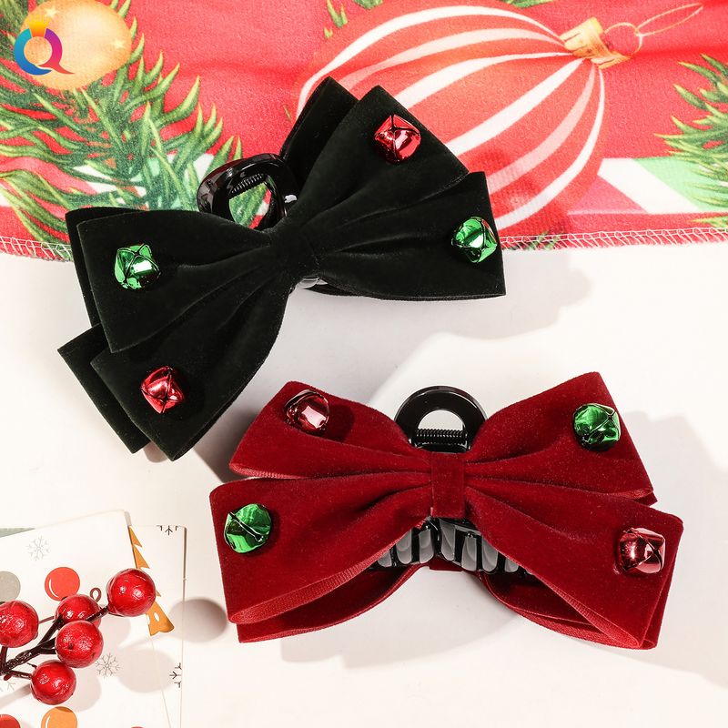 Haarspange mit Samtschleife und Glocke – elegantes Haaraccessoire im koreanischen Stil für Frauen, perfekt für Hochsteckfrisuren und Pferdeschwänze (Dunkelgrün/Burgunderrot)_voghion.com