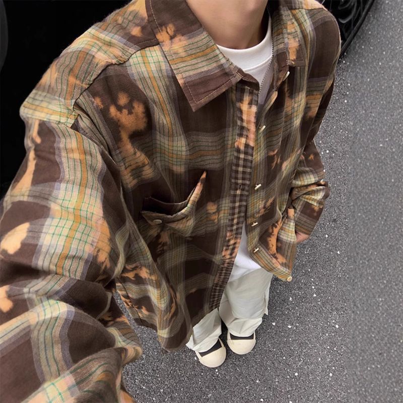 Tie dye checkered shirt jacket for men, autumn new style, retro high-end, cool and stylish checkered couple's shirt_voghion.com